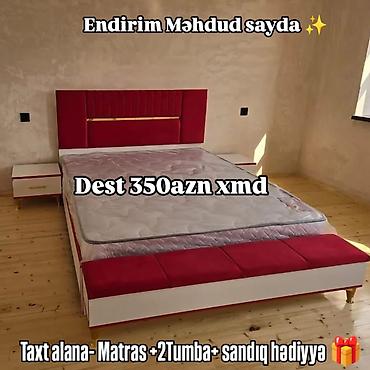 tuba: Yataq otağı dəsti - Taxt modeli: yumşaq başlıqla, qırmızı-ağ rəng — 1