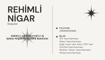 Peşəkar şəkildə vizitka, cv, slayt, buklet, flayer, afişa və digər