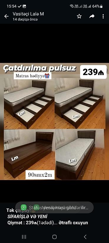 *Tək çarpayı*👑 _*SİFARİŞLƏ VƏ YENİ*_ *Qiymət : 239₼*(1ədədi) Ölçü 