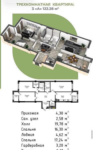 122: 3 комнаты, 122 м², Асанбай мкр Элитка, 12 этаж, ПСО (под самоотделку) — 2