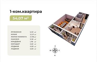 107: 1 комната, 54 м², Кок-Жар ж/м 107 серия, 6 этаж, ПСО (под самоотделку) — 1