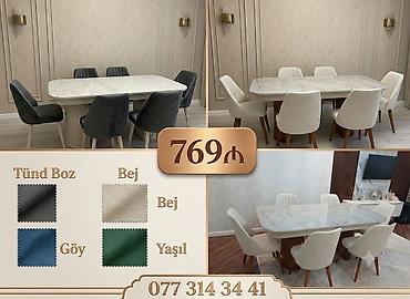 dəst mebel: Mərmər naxışlı yemək masası və 6 ədəd stul dəsti - Masa — 1