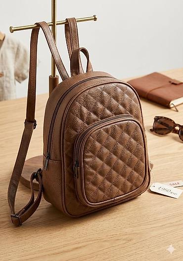 nakit stradivarius: Mini ranac – braon, prošiveni dizajn - Materijal: eko-koža sa finom — 1