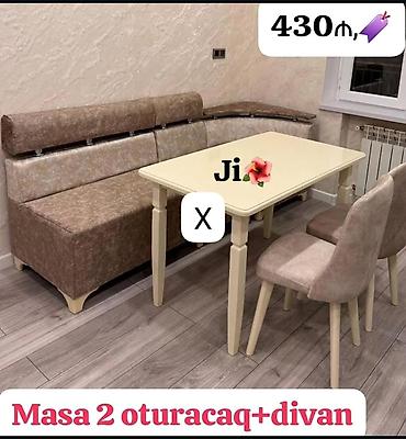 Mətbəx üçün masa dəsti: 1 masa + 2 oturacaq + künc divan