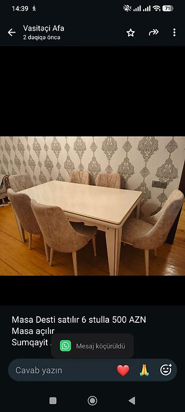 Masa Desti satılır 6 stulla 500 AZN
Masa açılır
Sumqayit AFA 9378