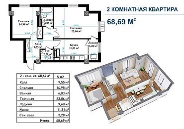 2 комнаты, 69 м², Пишпек Элитка, 8 этаж, ПСО (под самоотделку)