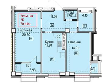 15: 2 комнаты, 70 м², Асанбай мкр Элитка, 15 этаж, ПСО (под самоотделку) — 2