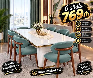 radius: Zövqlü yemək dəsti – 1 masa + 6 stul • 6 stulla komplekt: 769 ₼ • — 1
