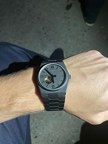 tap.az saatli: Tissot avtomatik qol saatı – qara metal bracelet və skelet mexanizmli — 3