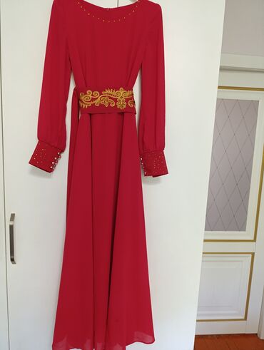 платье красное: Вечернее платье, Классическое, Длинная модель, Штапель, С рукавами, 3XL (EU 46)