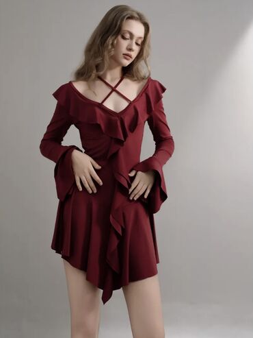Танцевальные платья: Бальное платье, Латина, Короткая модель, цвет - Бордовый, L, XL, В наличии — 5