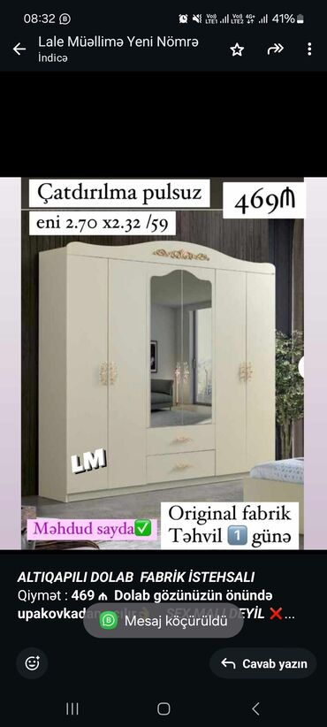 divar şkafları: _*ALTIQAPILI DOLAB*_ _*FABRİK İSTEHSALI*_ Qiymət : *469 ₼* *Dolab