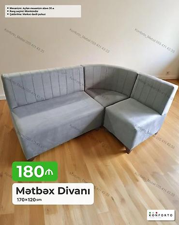 Divanlar: Mətbəx divanı – 170×120 sm ölçüdə, L formalı künc model. Yumşaq parça — 1