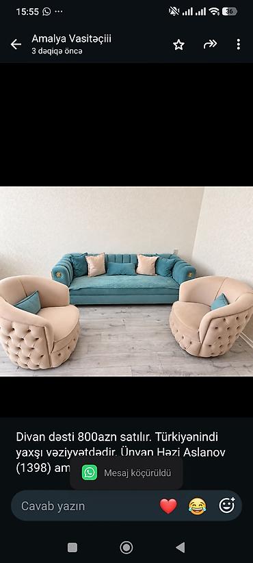 Divan dəsti 800azn satılır. Türkiyənindi yaxşı vəziyyətdədir. Ünvan lalafo.az -da Divan dəsti 800azn satılır. Türkiyənindi yaxşı vəziyyətdədir. Ünvan