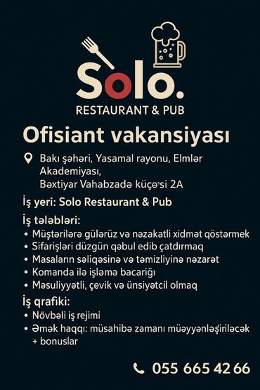 работа ночной няни в баку: Ofisiant tələb olunur, Restoran