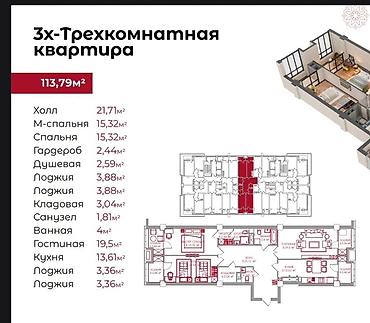 29: 3-комнатная квартира 113,79 м² в ЖК «Анкара» Планировка и площади: - — 3