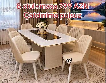 Yemək otağı dəsti - Komplekt: 1 masa + 8 stul - Qiymət: 799 AZN