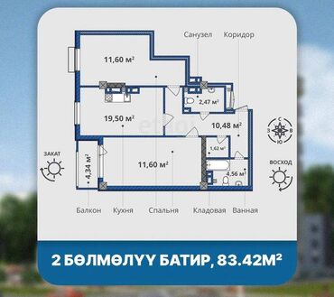 часовой квартира бишкек: 2 комнаты, 83 м², Элитка, 3 этаж, ПСО (под самоотделку)