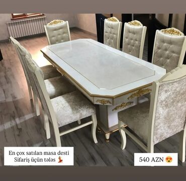 Masa və oturacaq dəstləri: Qonaq otağı üçün, Yeni, Açılmayan, Dördbucaq masa, 8 stul