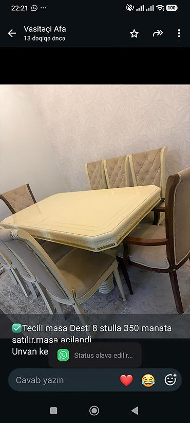 Мебель: ✅Tecili masa Desti 8 stulla 350 manata satılır.masa acilandi Unvan — 1