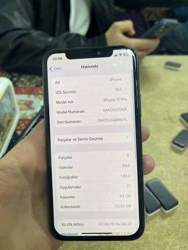 Apple iPhone: IPhone 11 Pro, 64 GB, Matte Silver, Zəmanət, Simsiz şarj, Face ID