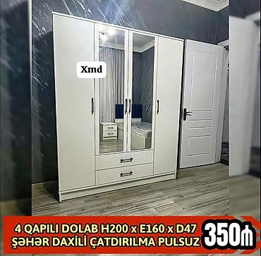 ayna qapi: 4 qapılı geyim dolabı – ağ rəngdə, müasir dizayn. Ölçülər: H200 x E160 — 1