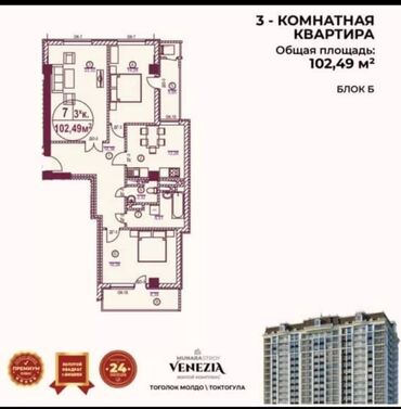 недвижимость в бишкеке квартиры: 3 комнаты, 102 м², Элитка, 12 этаж, ПСО (под самоотделку)
