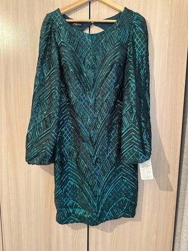 платье зеленое: Вечернее платье, Короткая модель, С рукавами, С пайетками, 2XL (EU 44)