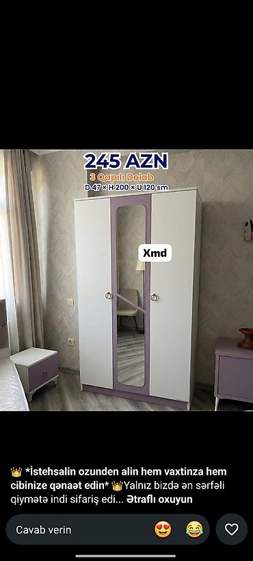 Yeni, 3 qapılı, Güzgülü, Ağ, Taxta, Açılan, Düz dolab