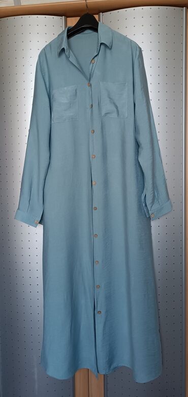 голубое платья: Повседневное платье, Лето, Длинная модель, Лен, Платье-рубашка, S (EU 36)