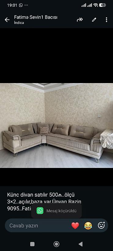 Künc divan satılır 500₼. ölçü 3×2. açılır,baza var.Ünvan Razin