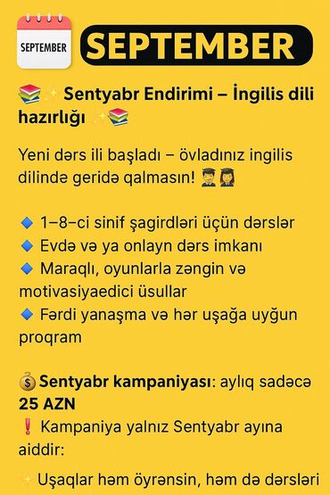 İngilis dili: 🔹 Dərs forması: Evdə fərdi dərslər və ya onlayn (Zoom, WhatsApp və s lalafo.az -da İngilis dili: 🔹 Dərs forması: Evdə fərdi dərslər və ya onlayn (Zoom, WhatsApp və s