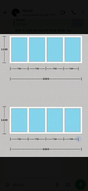 plastik qaplar: PVC pəncərə konstruksiyası – 4 bölməli - Ümumi ölçü: 3000 x 1100 mm - — 1