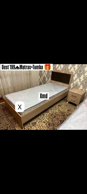 Мебель: Yataq dəsti – çarpayı + matras + tumbə - Tək nəfərlik taxta çarpayı — 1
