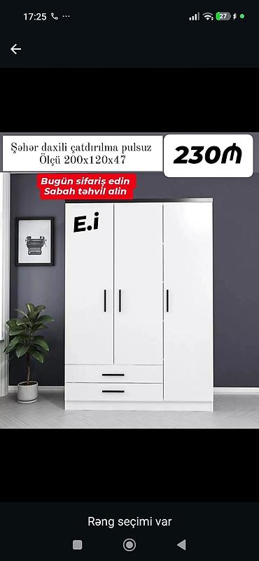 Ağ rəngdə 3 qapılı geyim dolabı - Ölçü: 200 x 120 x 47 sm - Dizayn