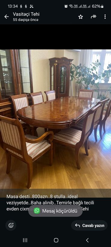 metbex stolu islenmis: Qonaq otağı üçün, İşlənmiş, Dördbucaq masa, 8 stul