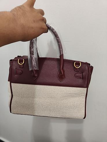 Сумка- Hermes тоут из комбинированных материалов — бордовая экокожа с
