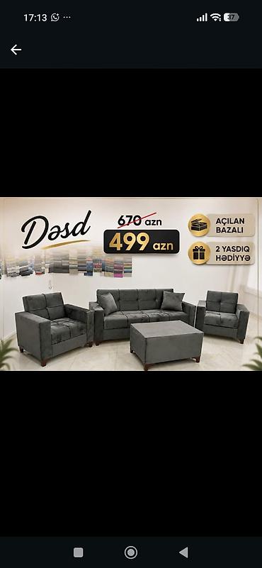 puf satisi: Dəst – salon üçün yumşaq mebel komplekti Məhsul təsviri: - Tərkib: 3 — 1