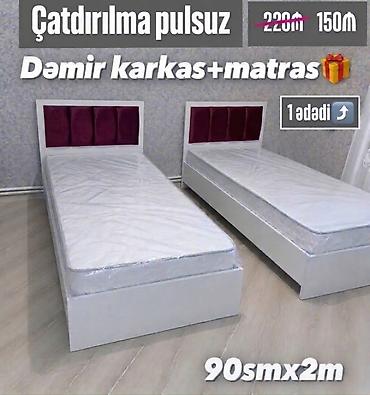 Dəmir karkaslı tək nəfərlik çarpayı + matras dəsti. Ölçü: 90 sm x 2 m