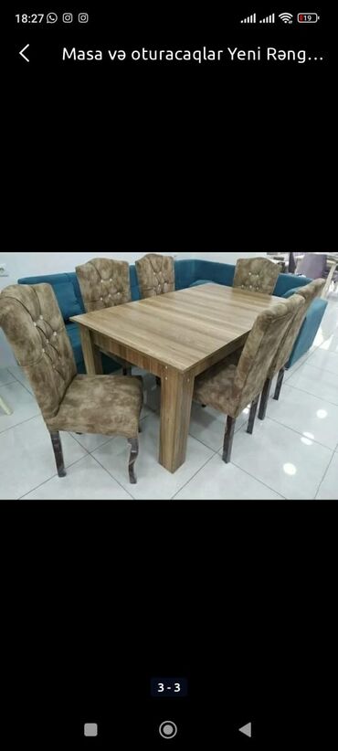 Masa və oturacaq dəstləri: Qonaq otağı üçün, Yeni, Açılmayan, Dördbucaq masa, 6 stul — 3