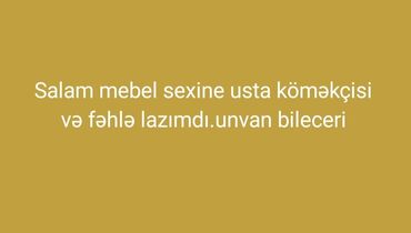Охрана, безопасность: Mebel sexinə usta köməkçisi və fəhlə tələb olunur. Ünvan: Biləcəri