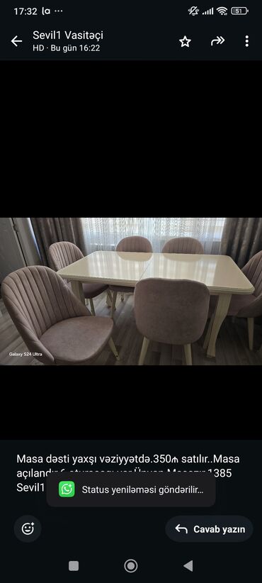 Masalar: Qonaq otağı üçün, İşlənmiş, Açılan, 6 stul