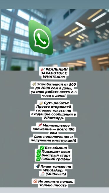 работа на дому бишкек: Предлагается возможность удаленного заработка через WhatsApp. Работа