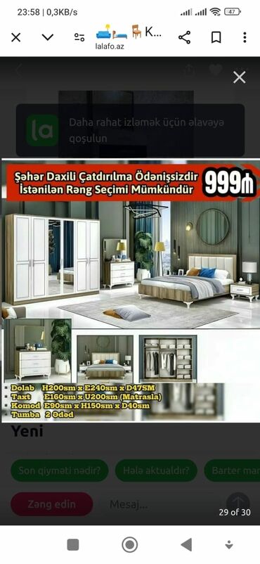 Yataq otağı dəstləri: İkinəfərlik çarpayı, Dolab, Termo, 2 tumba, Azərbaycan, Yeni — 6