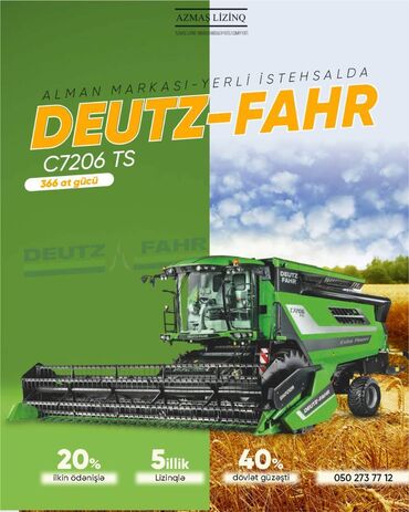 Traktorlar: Deutz-Fahr kombaynı Alman markası C7206 TS 40% Dövlət güzəşti ilə 20%