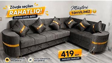 Müasir dizaynlı burchaq divan dəsti - Rəng: tünd boz (qızılı dekor