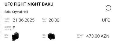 Tədbirlərin təşkili: UFC Fight Night Bakı biletidir. 21.06.2025 tarixində Bakı Kristal