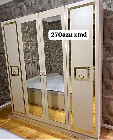 dolab 4 qapılı: Dörd qapılı paltar şkafı - Rəng: krem tonlarında, qızılı dekor — 1