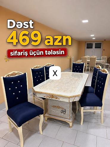 Мебель: Yemək otağı dəsti – klassik dizayn • Komplekt: 1 süfrə masası + 6 — 1