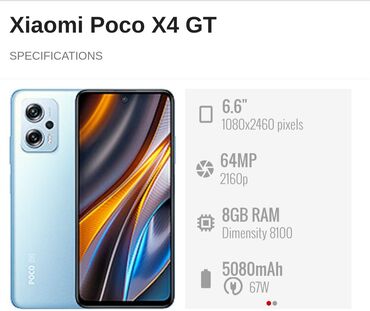 Mobil telefon və aksesuarlar: Poco X4 GT, 256 GB, rəng - Mavi, Sensor, Barmaq izi, Simsiz şarj